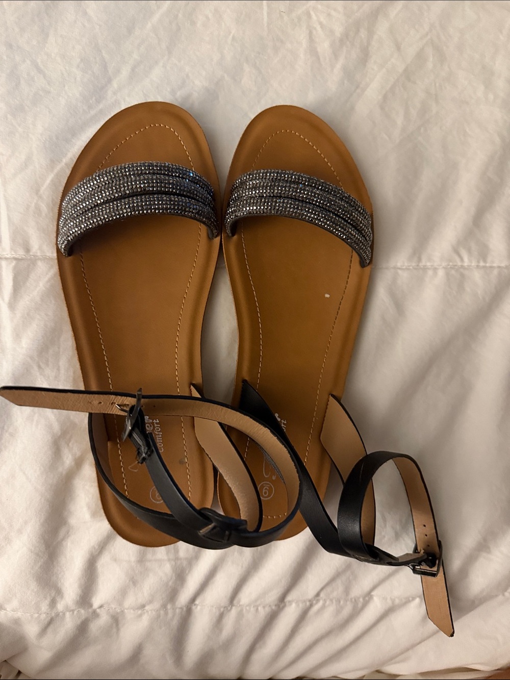 Ankle-Strap Flat Sandals with Beaded Strap - Black/Tan